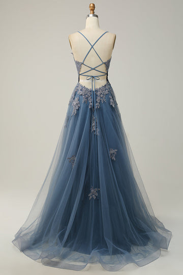 Spaghetti Straps A Line Grey Blue Long Ball Dress with Criss Cross Back